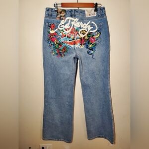 Ed Hardy Baggy Jeans Women's Y2K Back Print Koi Dragon Tiger Size 32